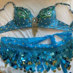 Samba Belly Dance Costume Hand Beaded Blue Color Bra and Scarf Skirt